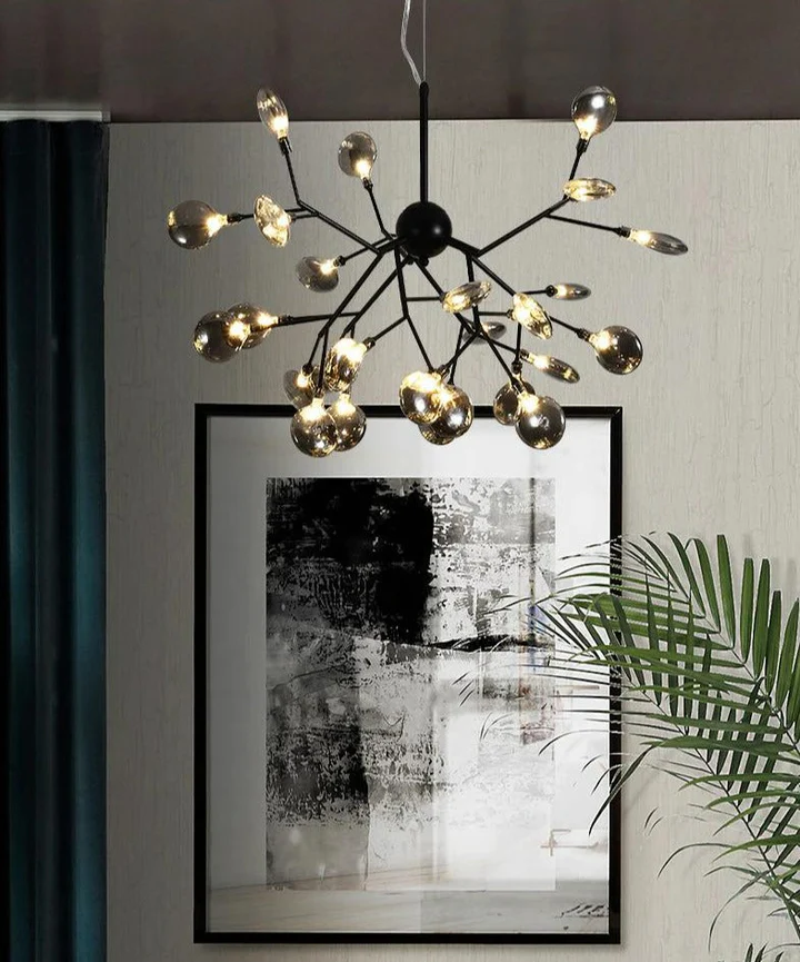 36 Lights Amber/ Smoke Ball Firefly Black Chandelier